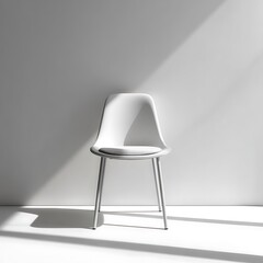 Modern white chair with dramatic shadow play isolated on white background