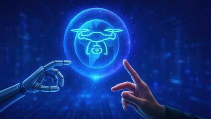 A robotic and human hand reaching toward a glowing sphere and the drone icon placed on it, showing Air Traffic Management, Air transport, Air rush