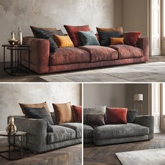 Luxurious modern sofa with plush cushions isolated on white background