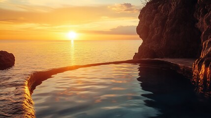 Warm golden sunrise illuminating a serene onsen