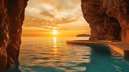 Warm golden sunrise illuminating a serene onsen