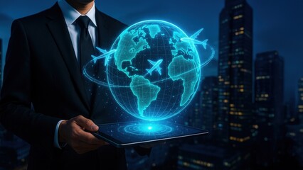 A businessman holds a tablet with a glowing 3D Earth and flying planes, showing Air Traffic Management, Air transport, Air rush