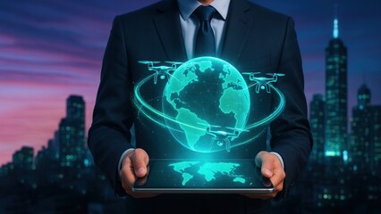 A businessman holds a tablet with a glowing world map with earth globe and digital drones against a futuristic city backdrop, Air Traffic Management, Air transport, Air rush