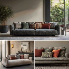 Luxurious modern sofa with patterned cushions isolated on white background