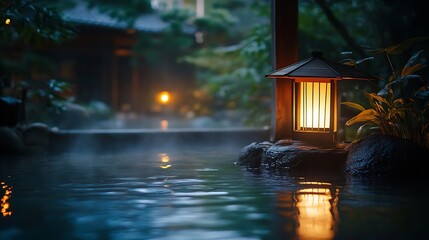 Warm light glowing from a lantern-lit onsen