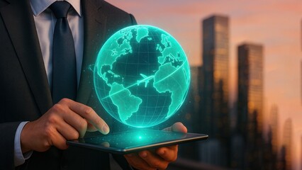A businessman holding a tablet with a 3D globe and flying planes against a sunset city backdrop, neon accents, Air Traffic Management, Air transport, Air rush