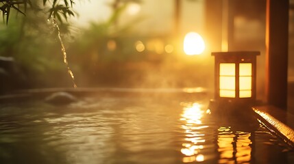 Warm light glowing from a lantern-lit onsen