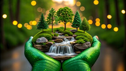 Nature conservation concept with miniature forest and waterfall in green hands

