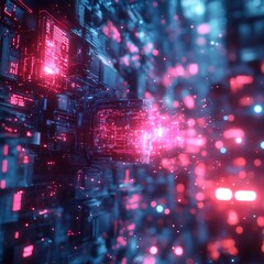 Holographic UI burst with split kanji glyph , neon pinkblue zip beat , buy datum esthetic , 2025 cut , retro futurist