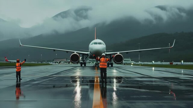 Passenger airplane taxiing on wet runway with ground crew guiding in rainy weather