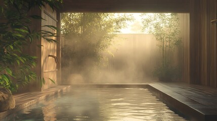 Warm mist rising from a hidden wooden bathhouse pool