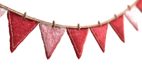 3D Festive Bunting Garland with Red and White Alternating Flags on Transparent Background

