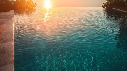 Warm morning sun rising over a crystal-clear pool