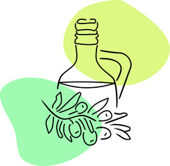 Minimalist line art of olive oil bottle with cork and tropical leaf splash, set against mint green and lime shapes. Clean, fresh design ideal for food, wellness, or eco branding.
