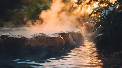 Warm steam curling from a natural stone hot spring
