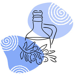 Minimalist line art of olive oil bottle with cork and tropical leaf splash, surrounded by blue shapes and white swirls. Ideal for food, wellness, or Mediterranean branding.