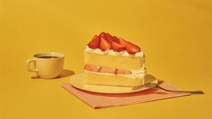 Slice of Strawberry Shortcake with Coffee Cup on Yellow Background