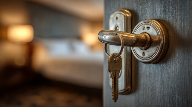 Hotel room door ajar with a key still inserted in the lock, suggesting arrival or departure