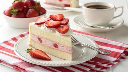 Fresh Strawberry Shortcake Slice with Whipped Cream Topping and a Cup of Black Coffee on a White Table Setting