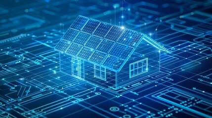 A futuristic digital house featuring solar panels integrated with advanced data connections for modern living