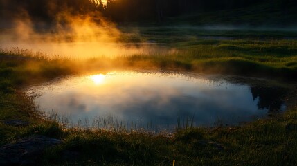 Warm sunrise light kissing the edge of a still pool