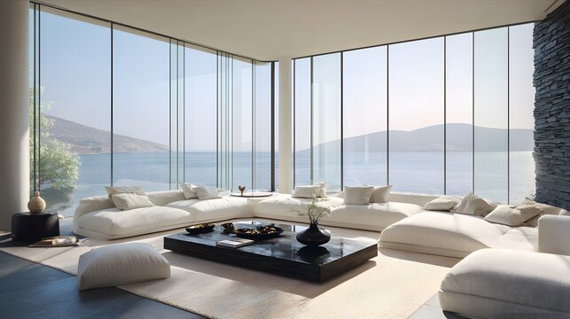 Spacious living area with panoramic ocean views.