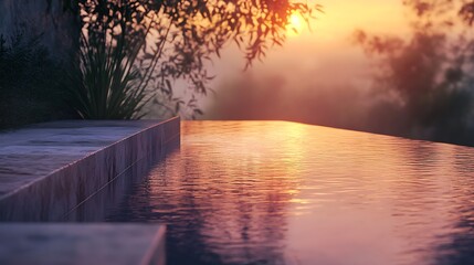 Warm sunrise light kissing the edge of a still pool