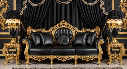 Opulent black leather sofa accented with luxurious gold filigree and matching decor creates a