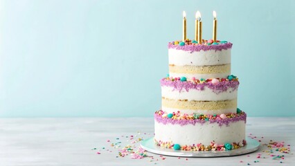 Three-Tier Pastel Birthday Cake with Colorful Sprinkles and Golden Candles on Light Blue Background – Whimsical Celebration Dessert