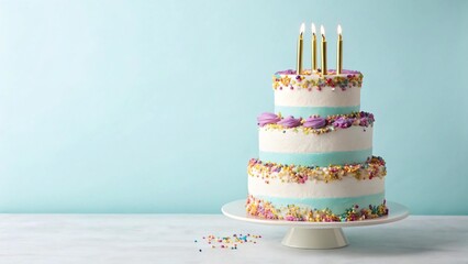 Whimsical Three-Tier Birthday Cake with Blue Frosting and Colorful Sprinkles – Festive Celebration Dessert with Gold Candles