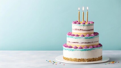 Elegant Three-Tier Birthday Cake with Purple Frosting and Golden Candles on Pastel Blue Background – Celebration Dessert with Whimsical Touch