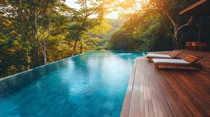 Warm wooden deck by a peaceful hilltop pool
