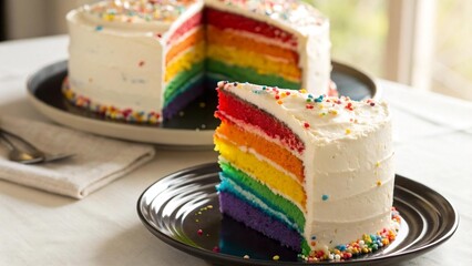 Bright Rainbow Layer Cake Slice with White Frosting and Sprinkles on Plate – Festive Homemade Dessert
