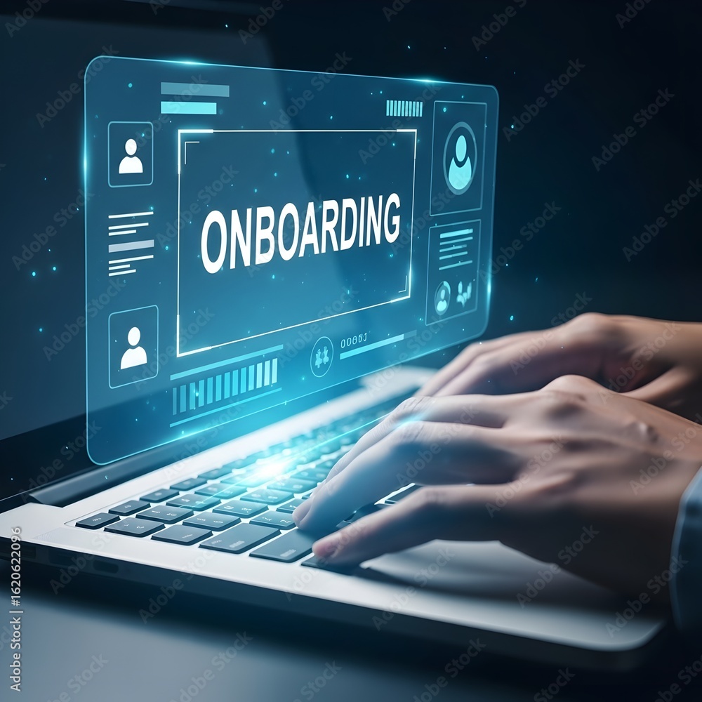 Poster hands typing on a laptop with a glowing digital screen displaying the word onboarding
