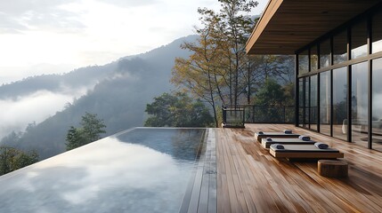 Warm wooden deck by a peaceful hilltop pool