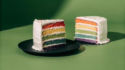 Vibrant Rainbow Cake Slices with White Frosting on Green Background – Colorful Celebration Dessert