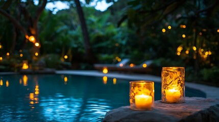 Warm candlelight flickering beside a peaceful pool