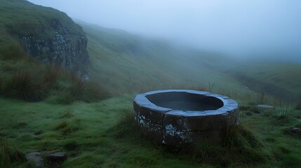 Ancient stone bath nestled in a misty valley