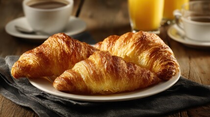 Enjoy delicious croissants with coffee and orange juice for a delightful breakfast treat