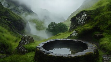 Ancient stone bath nestled in a misty valley