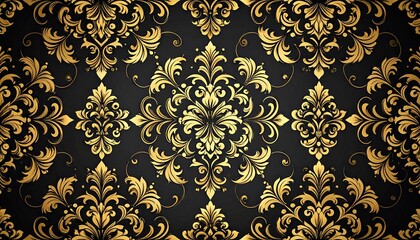 Golden Floral Pattern on Black Background with Classic Damask Design Elements