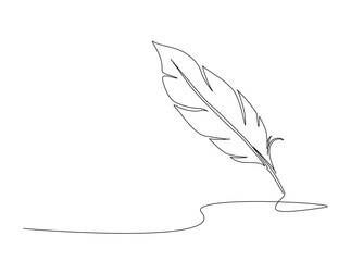 Quill or bird feather pen in single outline illustration. Continuous line art drawing of bird feather.