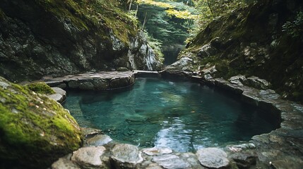 Ancient stone onsen hidden within the misty cliffs