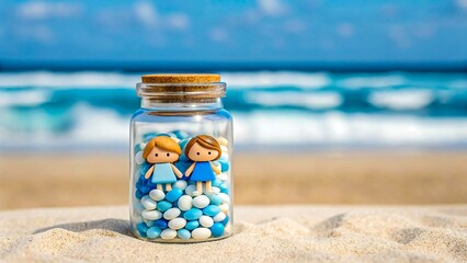 Toy figures in glass jar with candy on sandy beach by ocean

