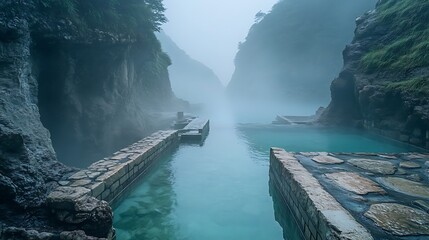 Ancient stone onsen hidden within the misty cliffs