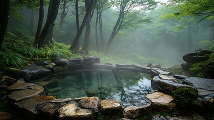 Ancient stone onsen hidden within the misty cliffs
