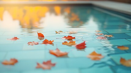 Autumn leaves drifting across a glassy infinity pool