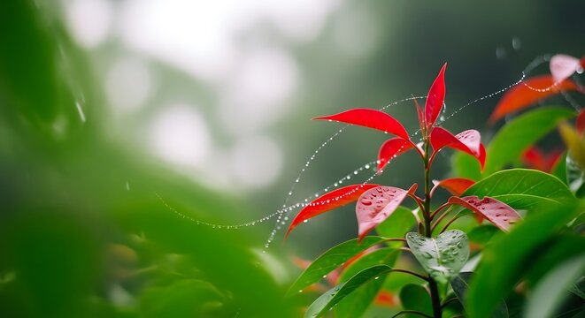 Close up of red leaves with water droplets and green leaves in a blurred background - Powered by Adobe