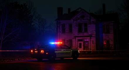 Police car with flashing lights at a crime scene in front of a spooky, old house at night. Law enforcement investigating a mysterious incident.