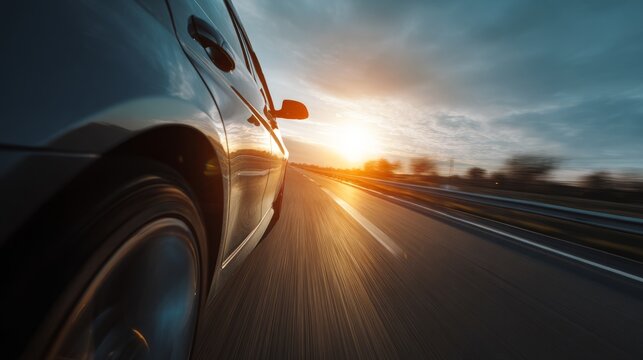 A car speeds down a sunlit highway, capturing the essence of freedom and motion.
